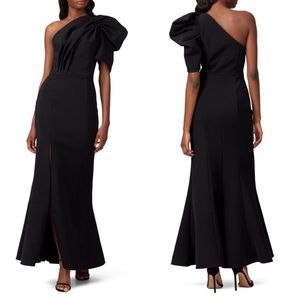 C/MEO COLLECTIVE Draped One Shoulder Puff Sleeve Flare Skirt Gown-Black Size 4